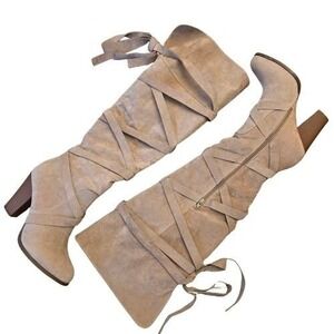 Taupe Sz 10 Faux Suede Over The Knee Thigh HIgh Strappy Stacked Heel‎ Boots